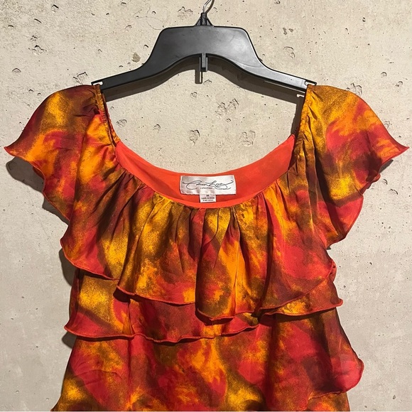 Colleen Lopez Top Size M Orange Tiered Ruffles Layered Short Sleeve Fall Autumn - Picture 2 of 8